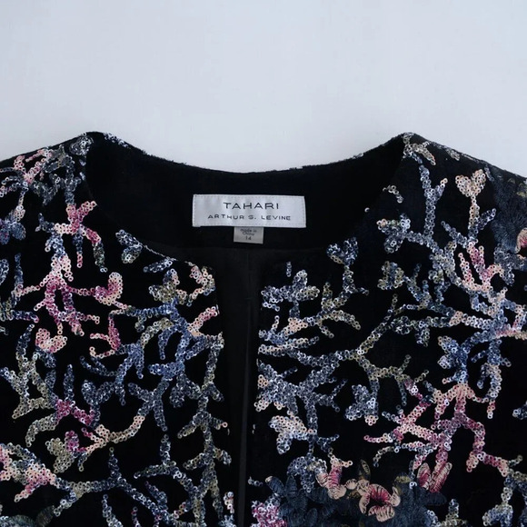 Vintage Tahari Arthur Levine Black & Maroon Sequin Velvet Embroidered Jacket 14 - Picture 14 of 14